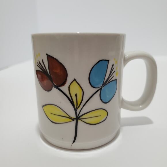 Vtg MCM Floral Stoneware Mugs Blue Brown & Yellow 4oz China 4 Floral Patterns - Picture 12 of 15